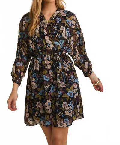 Gilli Surplice Shirring 3/4 Sleeve Floral Dress In Black-multi Floral