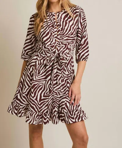 Gilli Tie Waist Mini Dress In Ivory - Brown Zebra In Multi