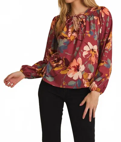 Gilli V-neck Front Tie Long Sleeve Top In Brick Floral In Brown