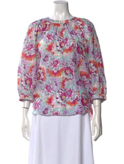 Pre-owned Gilner Farrar Floral Print Crew Neck Blouse In Purple