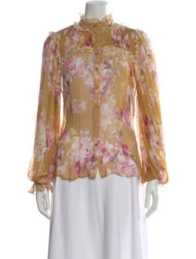 Pre-owned Gilner Farrar Floral Print Long Sleeve Blouse In Neutral