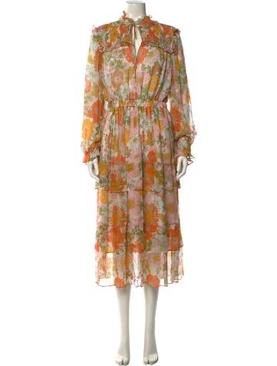 Pre-owned Gilner Farrar Floral Print Midi Length Dress In Orange