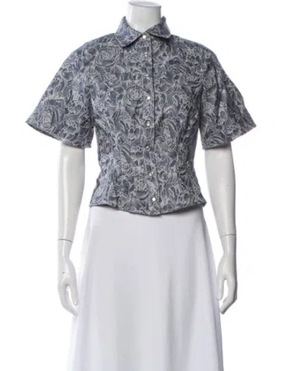 Pre-owned Gilner Farrar Floral Print Short Sleeve Button-up Top In White