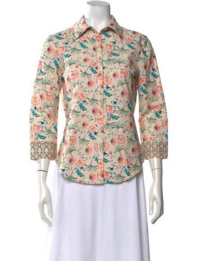 Pre-owned Gilner Farrar Floral Print Three-quarter Sleeve Button-up Top W/ Tags In Neutrals