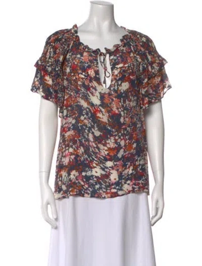 Pre-owned Gilner Farrar Floral Print Tie Neck Blouse In Multi