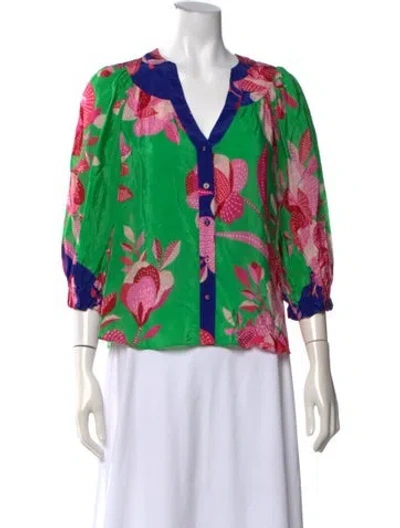 Pre-owned Gilner Farrar Floral Print V-neck Blouse W/ Tags In Green