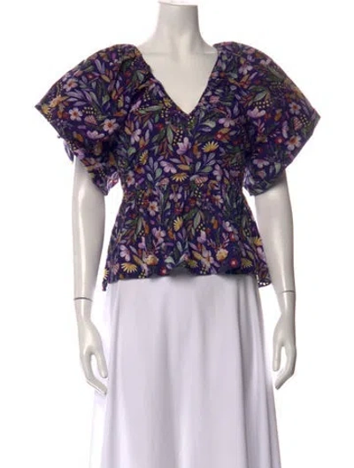 Pre-owned Gilner Farrar Floral Print V-neck Top In Purple
