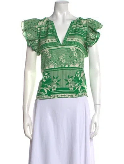 Pre-owned Gilner Farrar Floral Print V-neck Top W/ Tags In Green