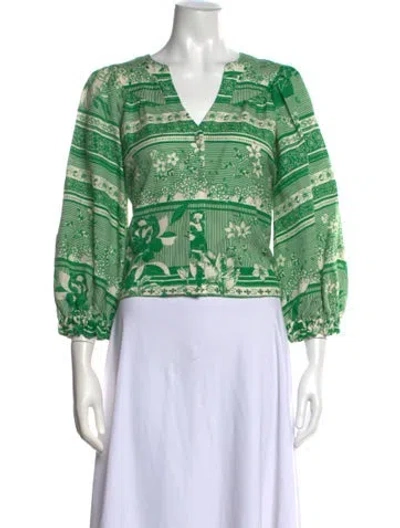 Pre-owned Gilner Farrar Linen Floral Print Blouse W/ Tags In Green