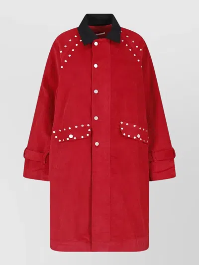 Gimaguas Coat Contrast Collar Flap Pockets Studs In Red