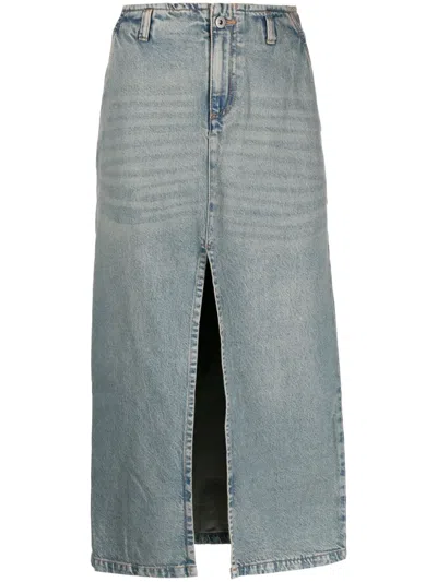 Gimaguas Front-slit Cotton Denim Midi Skirt In Blue