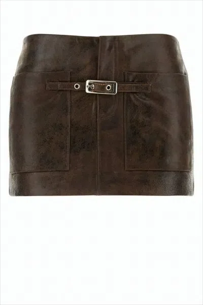 Gimaguas Short Leather Skirt With Distressed Finish And Silver Buckle In Brown