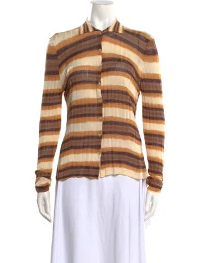 Pre-owned Gimaguas Striped Mock Neck Button-up Top In Brown