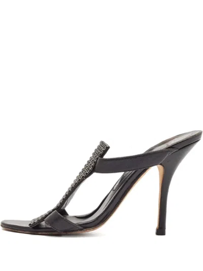 Pre-owned Gina 105mm Embellished Leather Sandals In Black