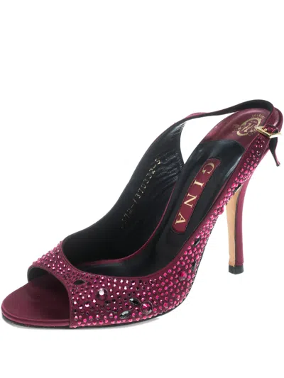 Pre-owned Gina 110mm Crystal-embellished Satin Slingback Sandals In Pink