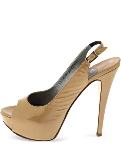 Pre-owned Gina 130mm Patent Leather Slingback Platform Pumps In Gold