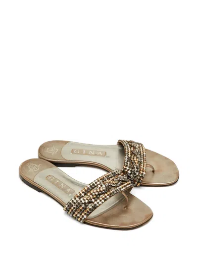Pre-owned Gina Aurora Crystal-embellished Sandals In Neutral