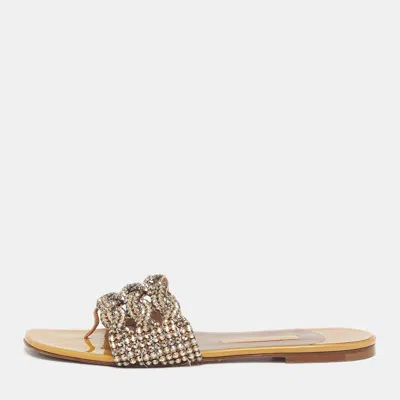 Pre-owned Gina Aurora Size 39.5 Gold Leather Crystal Embellished Thong Flat Slide