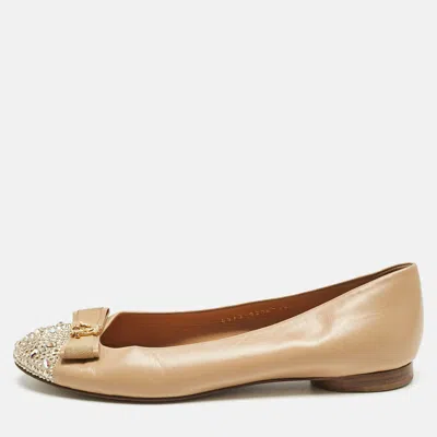 Gina Beige Leather And Satin Bow Detail Crystal Embellish Ballet Flats In Sand