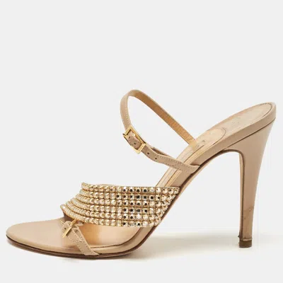 Pre-owned Gina Beige Leather Crystal Embellished Ankle Strap Sandals Size 38.5