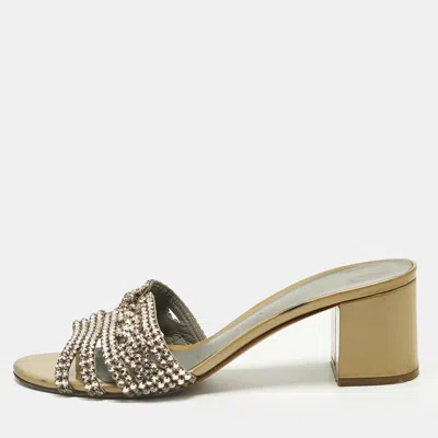 Pre-owned Gina Beige Patent Leather And Leather Crystal Embellished Slide Sandals Size 39.5
