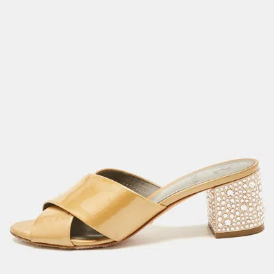 Gina Beige Patent Leather Crisscross Crystal Embellished Block Heel Sandals In Nude