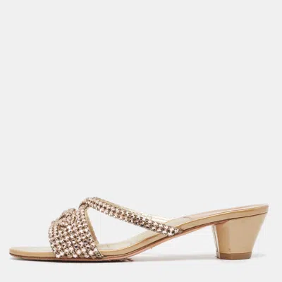 Pre-owned Gina Beige Patent Leather Crystals Embellished Slide Sandals Size 39.5