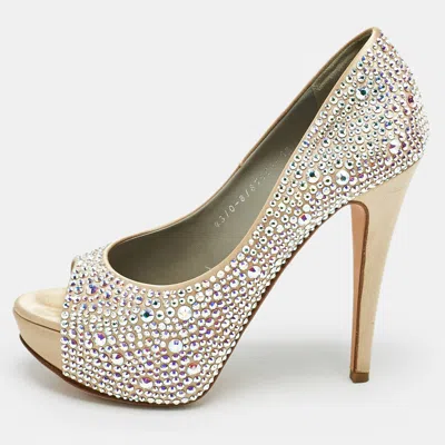 Gina Beige Satin Crystal Embellished Open Toe Platform Pumps In Gold