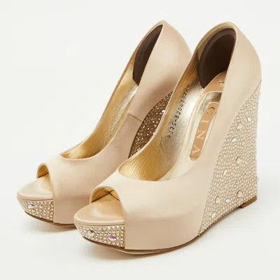 Gina Beige Satin Crystal Embellished Peep Toe Platform Wedge Pumps In Nude