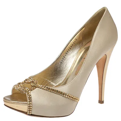 Gina Beige Satin Crystal Embellished Peep Toe Pumps In Neutral