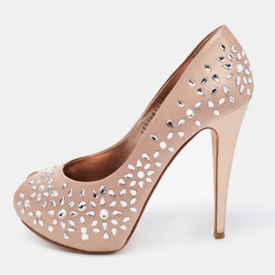Pre-owned Gina Beige Satin Embellished Peep Toe Platform Pumps Size 39.5