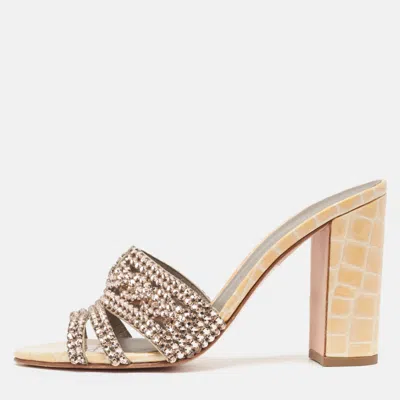 Pre-owned Gina Beige/pink Crystal Embellished Leather Block Heel Slide Sandals Size 38.5