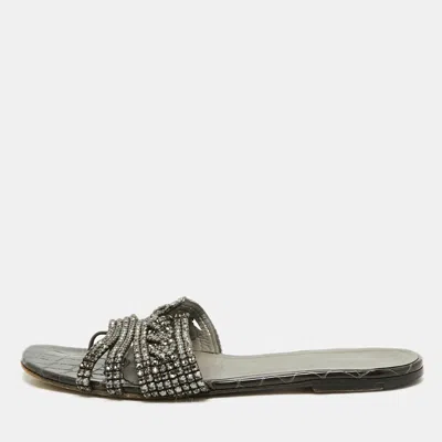 Pre-owned Gina Black Croc Embossed Patent Crystal Embellished Flat Slide Sandals Size 41