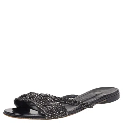 Gina Black Crystal Embellished Leather Flat Slides