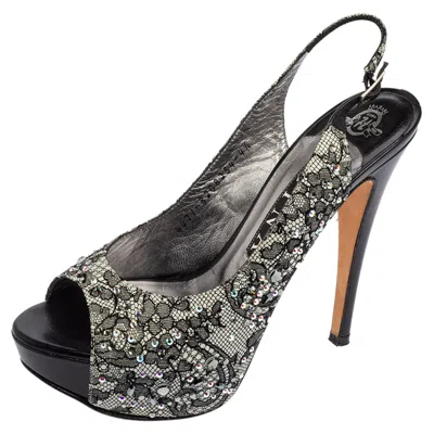 Gina Black Lace Crystal Embellished Peep Toe Slingback Platform Pumps