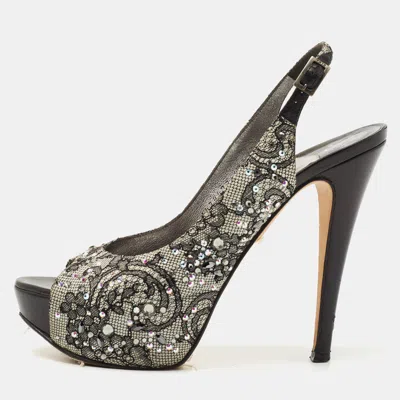 Gina Black Lace Crystal Embellished Peep Toe Slingback Platform Pumps In Brown