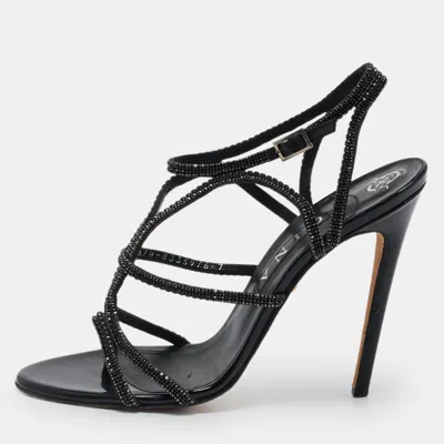 Gina Black Leather Crystal Embellished Ankle Strap Sandals