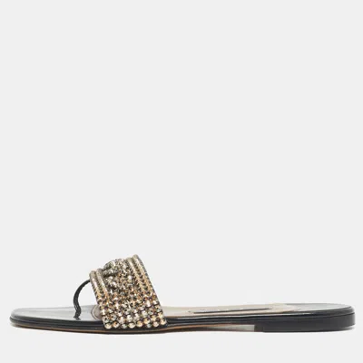 Pre-owned Gina Black Leather Crystal Embellished Leather Flat Slides Size 37.5