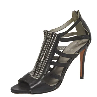 Gina Black Leather Crystal Embellished Sandals In Multi