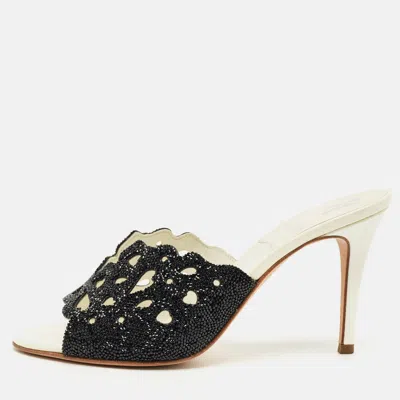 Pre-owned Gina Black Leather Crystal Embellished Slide Sandals Size 38