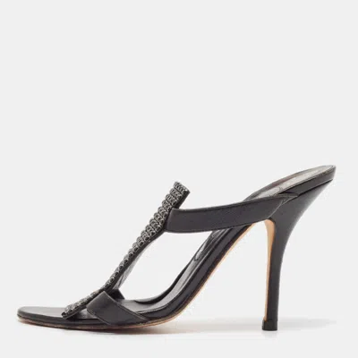 Pre-owned Gina Black Leather Crystal Embellished Slide Sandals Size 38.5