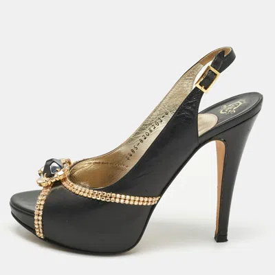 Gina Black Leather Crystal Embellished Slingback Pumps