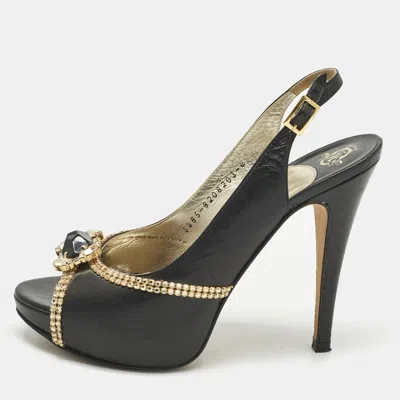 Pre-owned Gina Black Leather Crystal Embellished Slingback Pumps Size 37