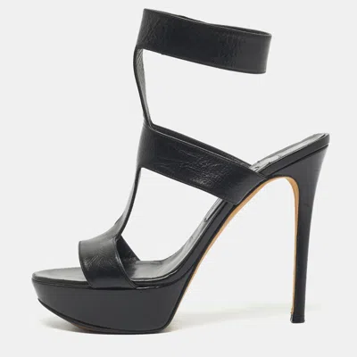 Pre-owned Gina Black Leather Platform Ankle Strap Sandals Size 40