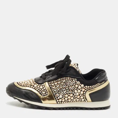 Pre-owned Gina Black Leather/satin Luminosa Swarovski Sneakers Size 38