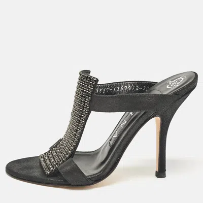 Pre-owned Gina Black Nubuck Leather Crystal Embellished Slide Sandals Size 36.5
