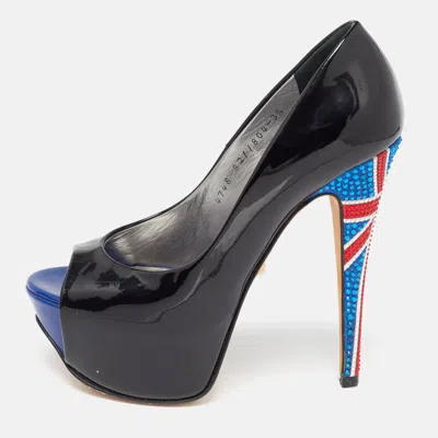 Pre-owned Gina Black Patent Crystal Embellished Open Toe Pumps Size 36.5