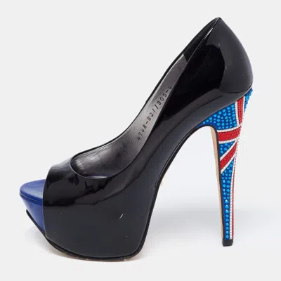 Gina Black Patent Leather Crystal Embellished Peep Toe Platform Pumps