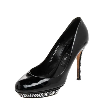 Pre-owned Gina Black Patent Leather Crystal Embellished Pumps Size 38