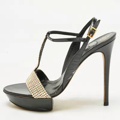 Gina Black Patent Leather Crystal Embellished T-strap Sandals